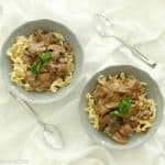 Easy beef and gravy over noodles is the PERFECT hearty weeknight meal when you are on a budget! The crock pot tenderizes the cheaper cuts of meat and by the time its done it is fall apart tender! One of our favorite family meals!
