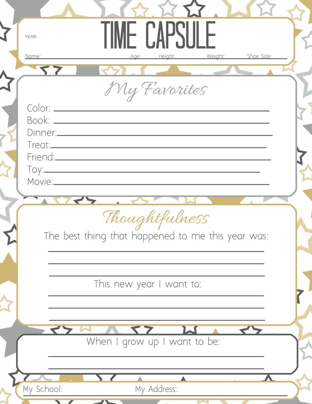 New Years Time Capsule Printable Questionnaire for Kids