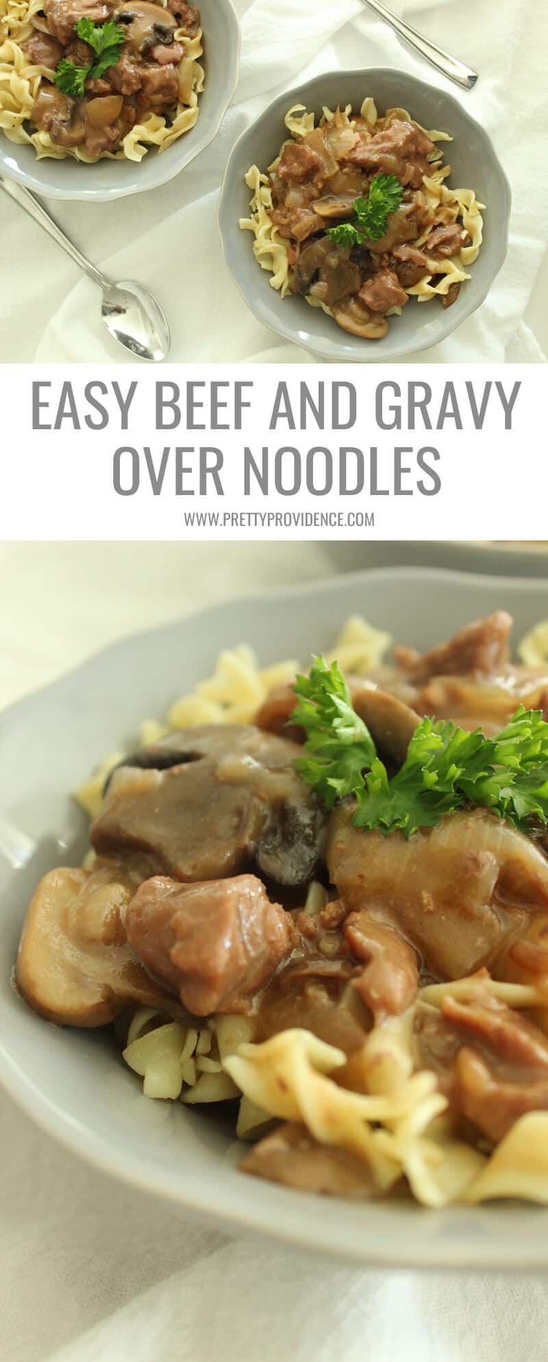 Easy beef and gravy over noodles is the PERFECT hearty weeknight meal when you are on a budget! The crock pot tenderizes the cheaper cuts of meat and by the time its done it is fall apart tender! One of our favorite family meals! 