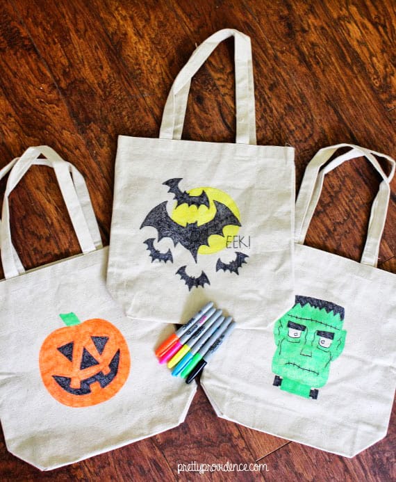 Halloween Trick or Treat Tote Bags with neon sharpies.