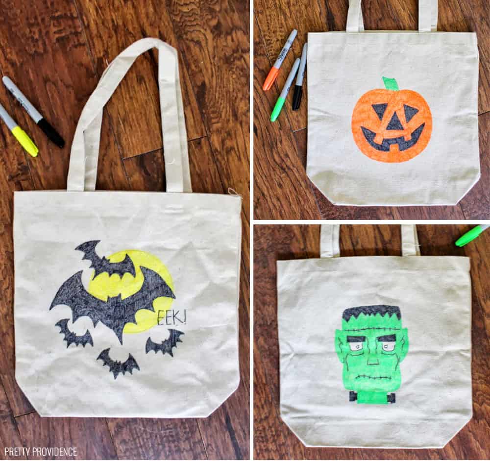 Sharpie Trick or Treat tote bags - an awesome, easy Halloween craft. Bats, Jack-O-Lanterns, Frankenstein.