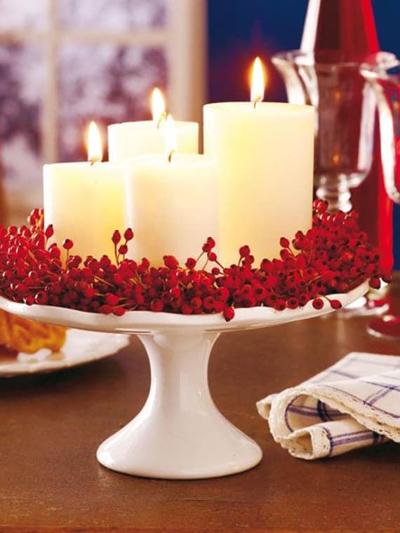 thanksgiving centerpiece, easy and beautiful! candles on a cake stand.