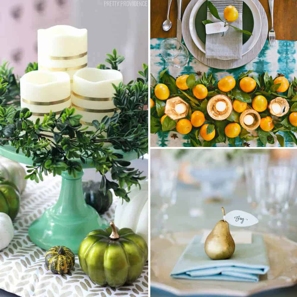 Thanksgiving table decor collage. Centerpiece ideas, place settings and whole table scapes. 