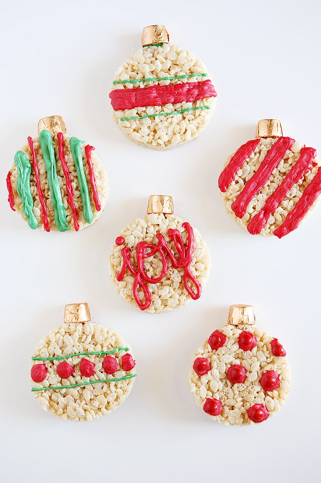 Rice Krispie Treats Christmas ornaments decorated with rolos and icing