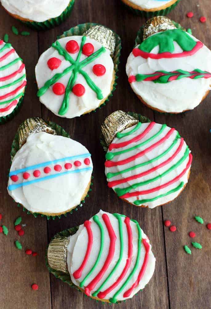 Cupcakes made to look like ornaments with gold Reeses minis