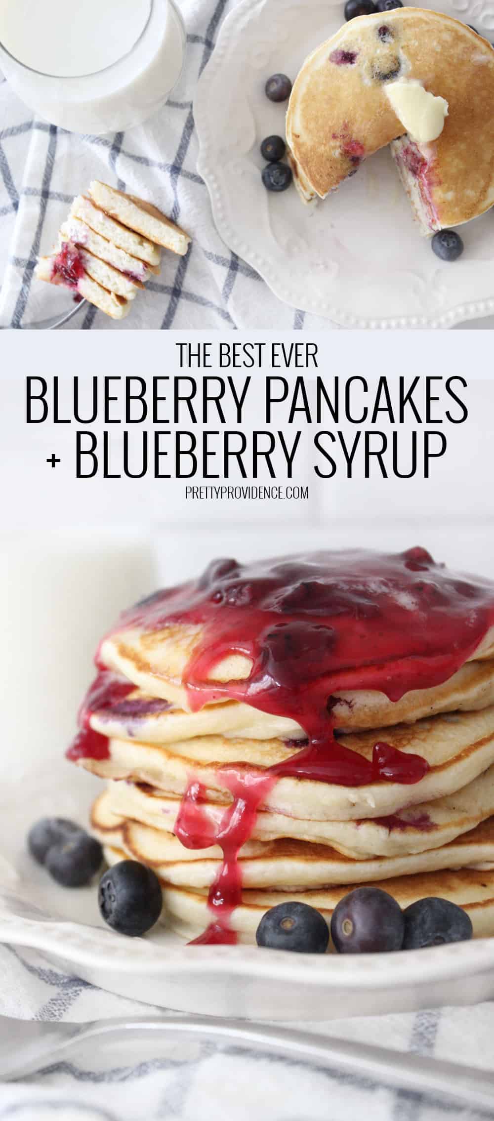 The BEST blueberry pancakes with blueberry syrup you will ever eat in your life! Seriously restaurant quality delicious! 