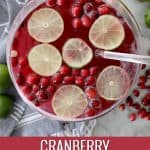 punch bowl of cranberry punch with fresh lime and cranberry garnishes on a marble counter