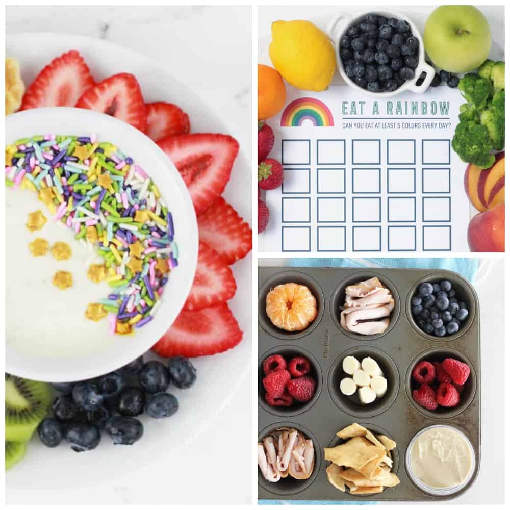 Picky Eater Tips Collage of Photos - 1. Yogurt with sprinkles and fruit 2. muffin tin lunch 3. reward chart for eating colorful fruit and vegetables.