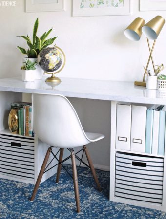 DIY desk made from two storage cube bookshelves and IKEA desk top with marble look