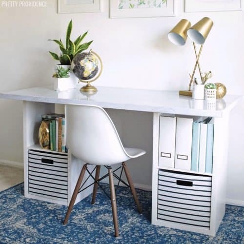 DIY desk made from two storage cube bookshelves and IKEA desk top with marble look