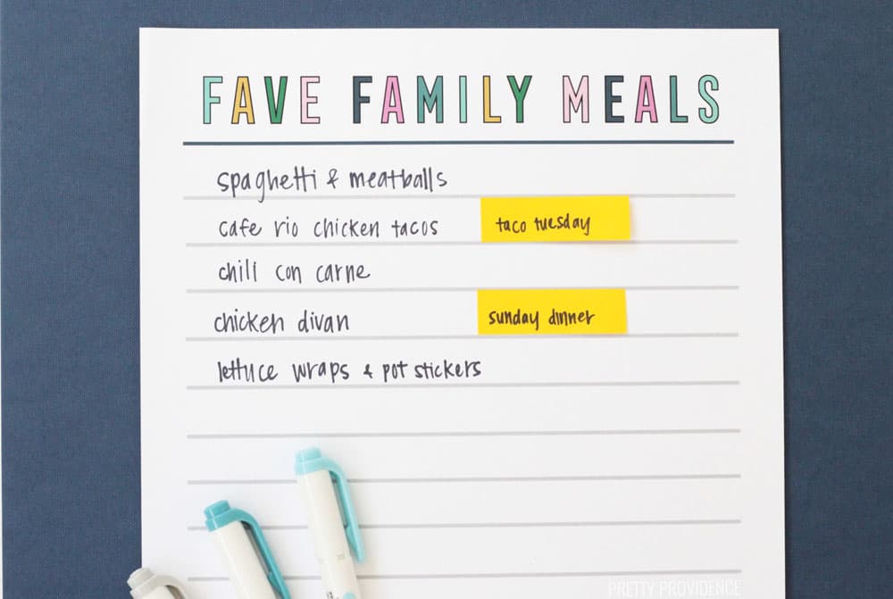 Favorite meals printable list with highlighters and post-it notes and dinner ideas written on it.