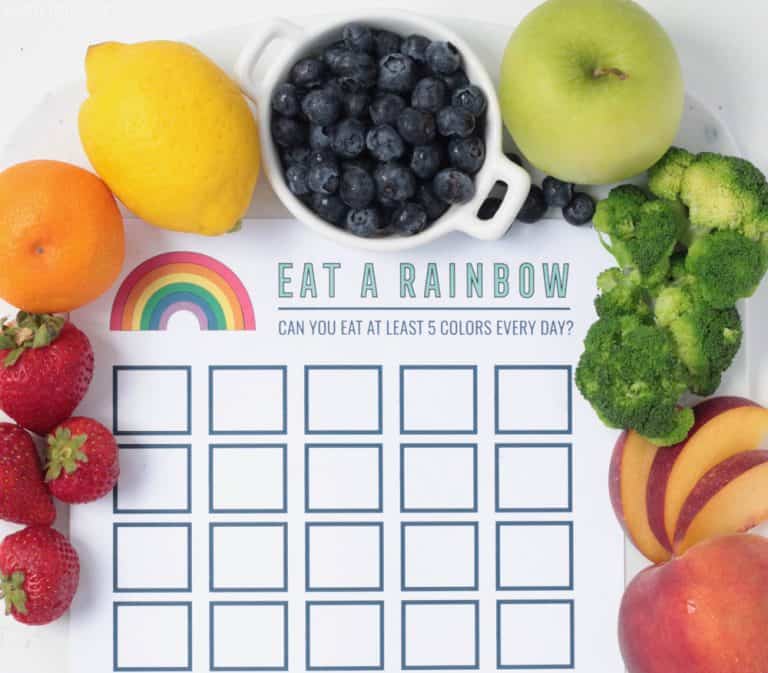 Reward chart printable for eating healthy - 'Eat A Rainbow' with fresh fruit and vegetables surrounding the paper.