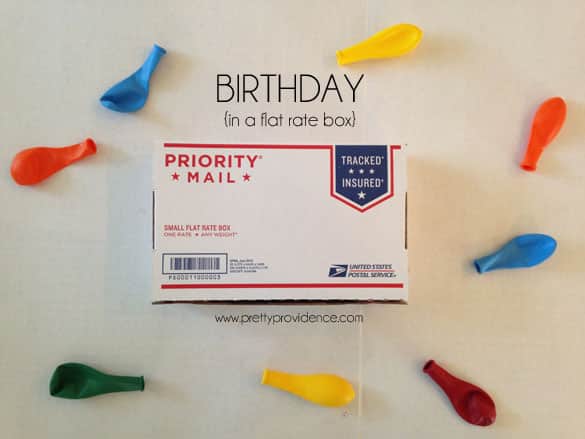 Birthday in a flat rate box! Fun idea to send to a loved one, too far away to celebrate with! 