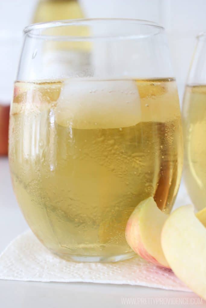 Homemade sparkling cider in a clear wine glass, with apple slices as a garnish.