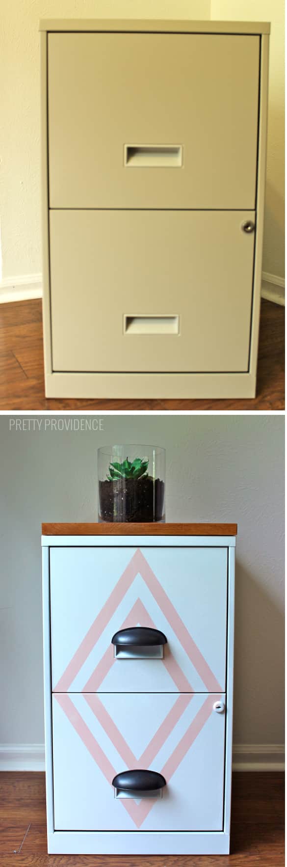 filing cabinet makeover! with a little paint, new hardware and a cute wood top you've got a stylish piece instead of an eyesore!
