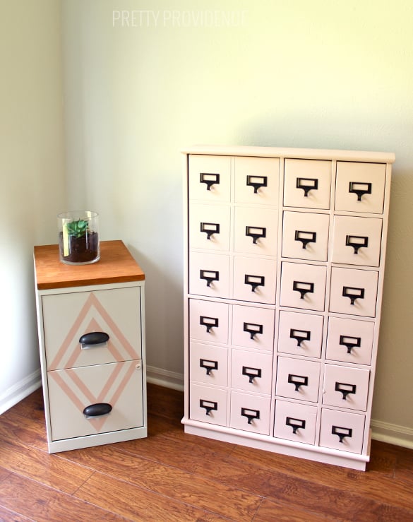 filing cabinet makeover! with a little paint, new hardware and a cute wood top you've got a stylish piece instead of an eyesore!