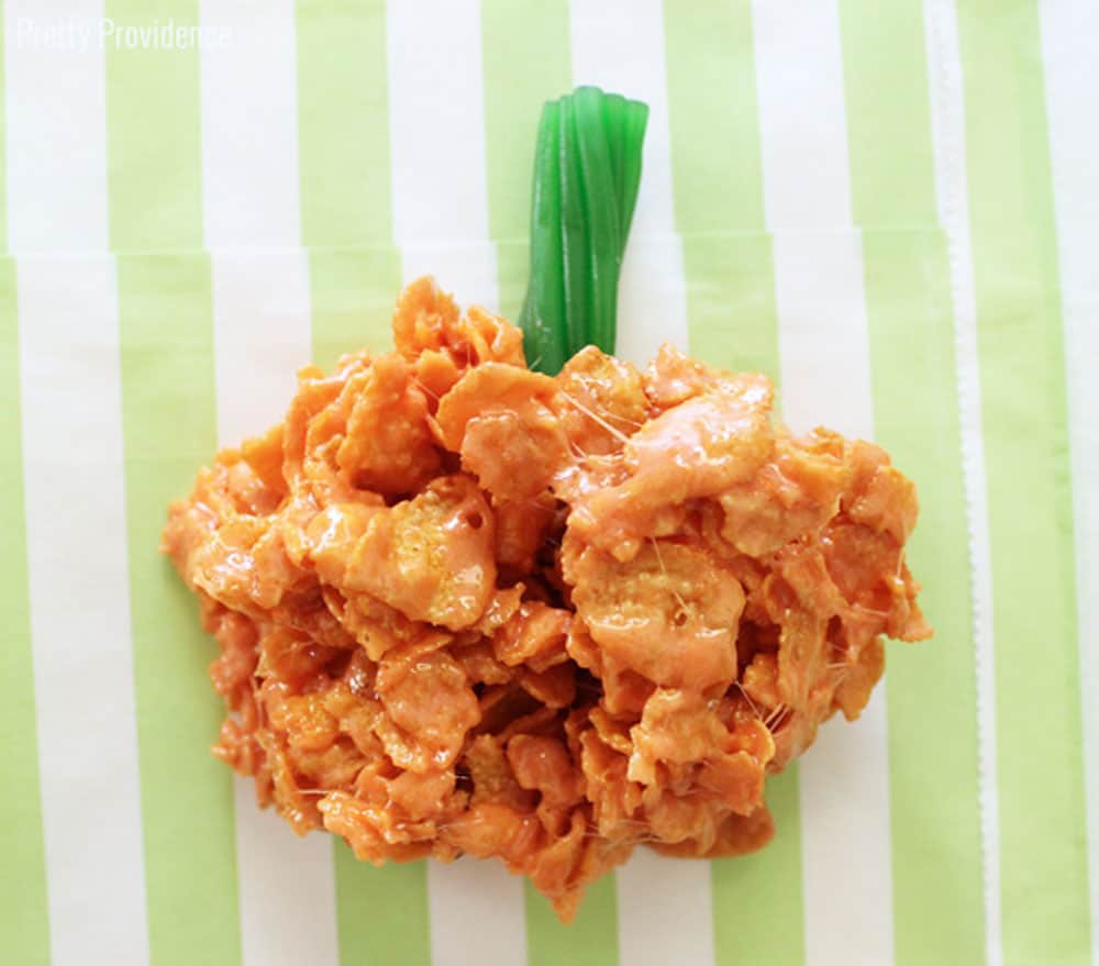 cornflake pumpkin on a green and white striped napkin