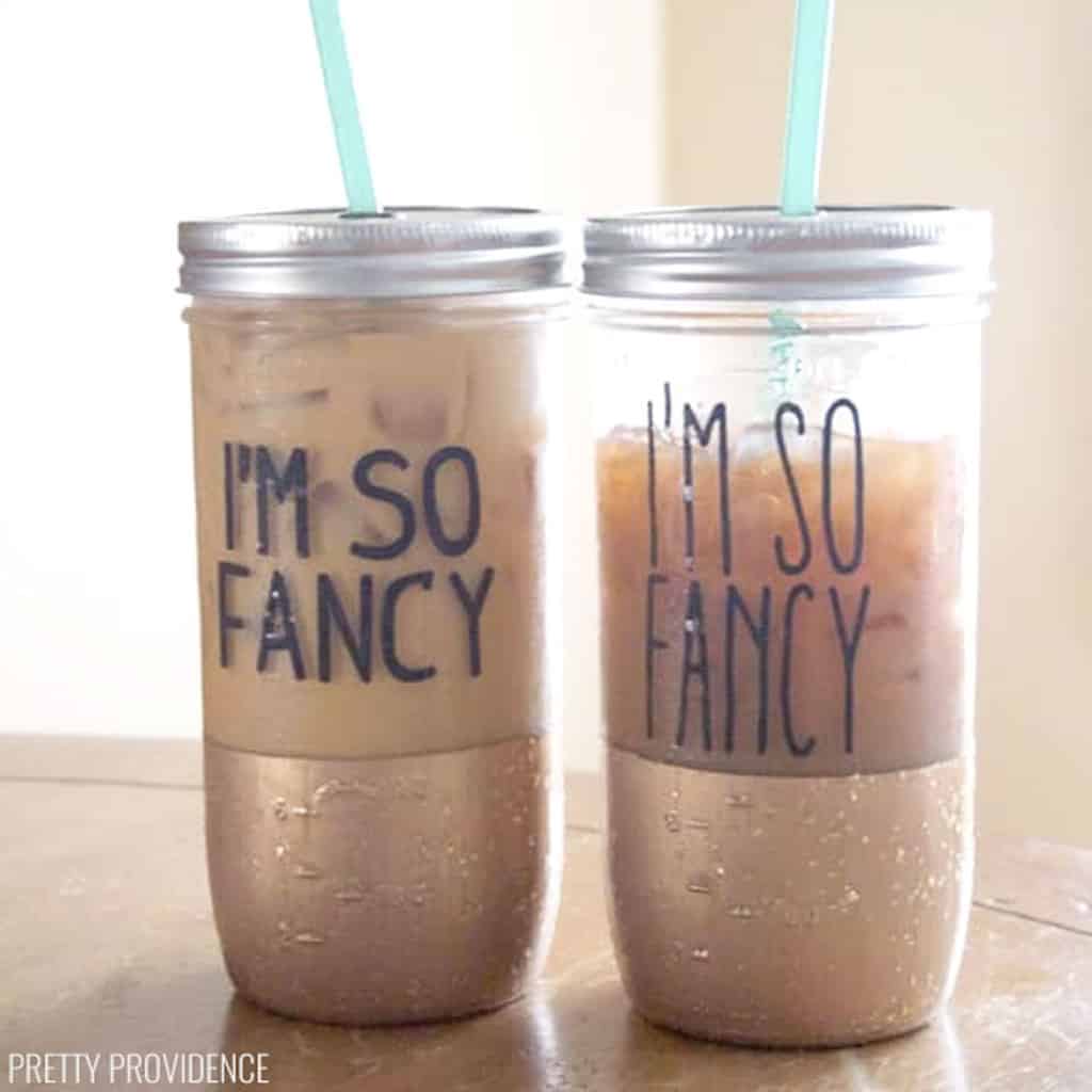 DIY gold dipped mason jar tumblers with 'I'm so Fancy' decals