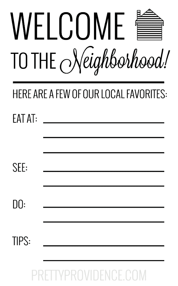 Free printable card for new neighbors - write in your fave places in town and local tips! 