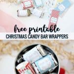 christmas candy bar wrappers next to candy bars on white counter over pic of candy bars filling a tumbler