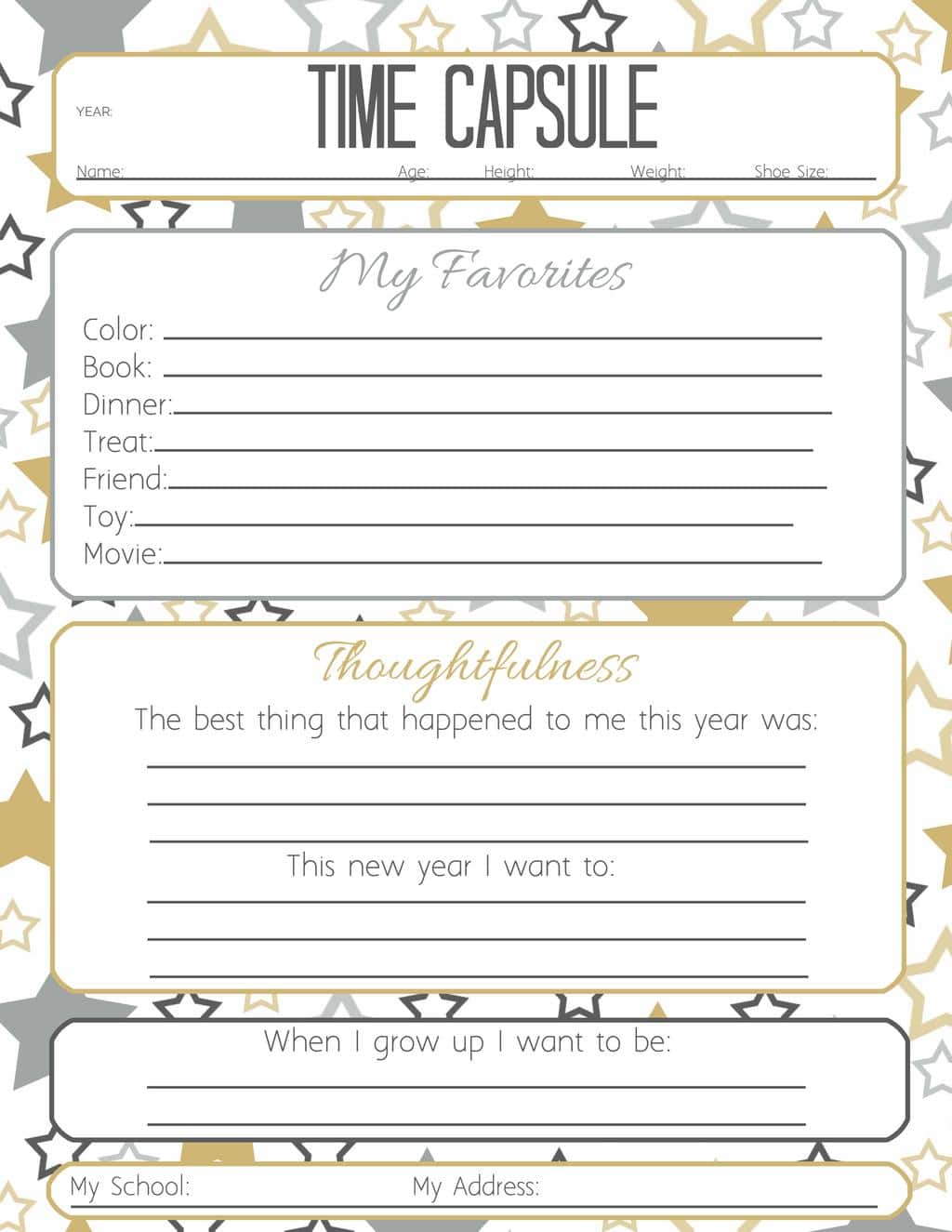New Years Time Capsule Printable Questionnaire for Kids