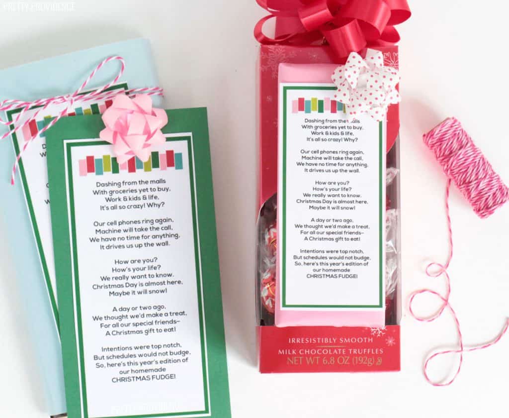 'Homemade' Christmas fudge poem on a bag of lindor truffles and candy bar with pink bakers twine on the side.