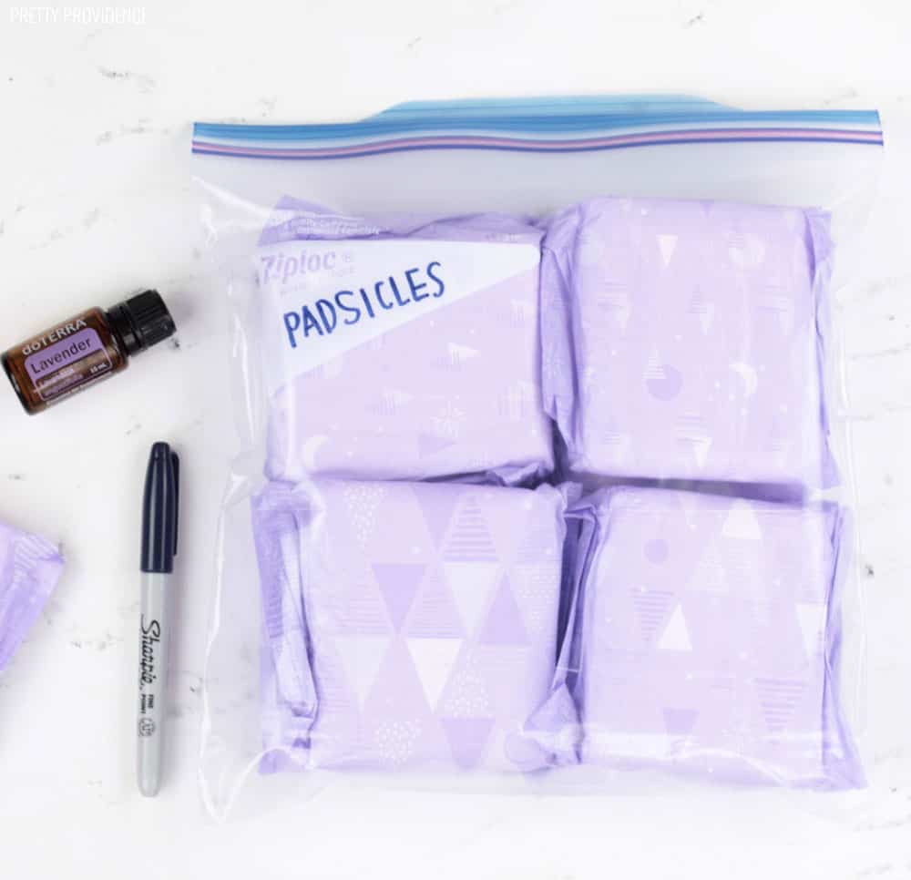 Padsicles - Postpartum Pads Frozen and in a gallon ziplock bag labeled with a sharpie marker.