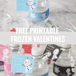 mini water bottles with frozen printable labels on a marble countertop