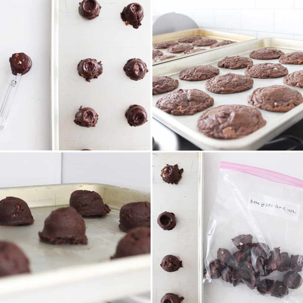 step by step process shots of making and freezing double chocolate chip cookies