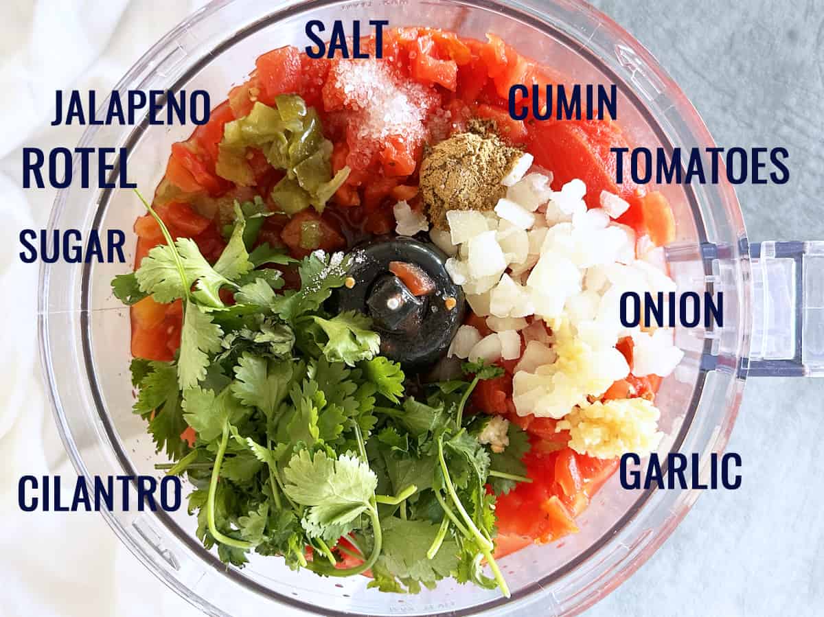 All the ingredients for easy homemade salsa in a food processor with ingredients labeled.