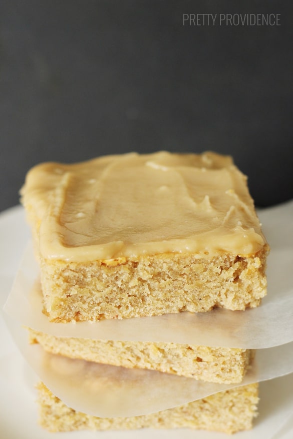 Easy + Delicious Banana Blondies. OMG These are SO good & the brown sugar frosting takes it to another level.