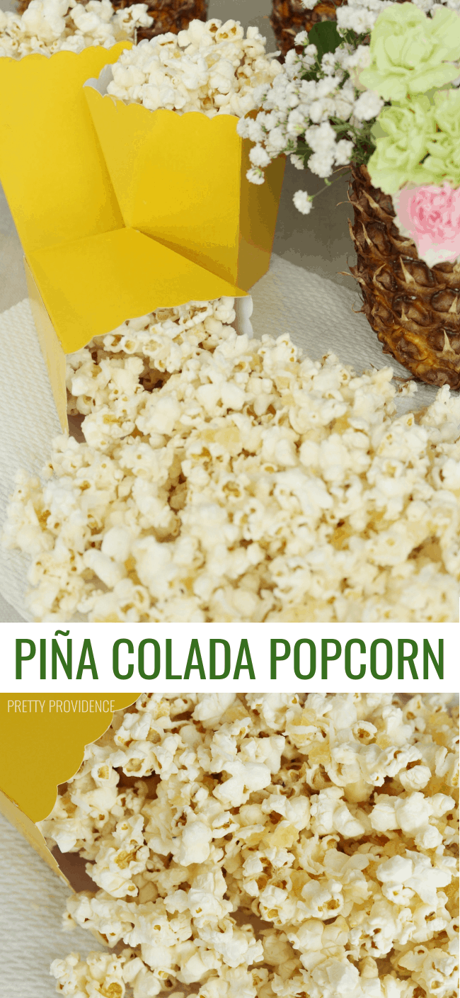 This Piña Colada Popcorn is AMAZING. 4 ingredients and easy to make! 