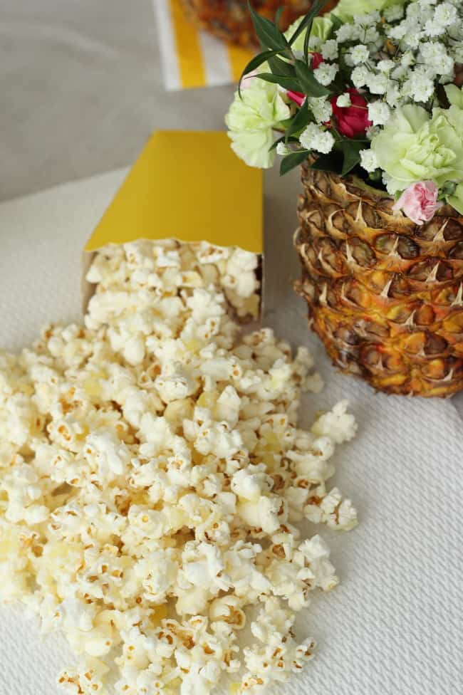 Piña Colada Popcorn - Melty white chocolate drizzled popcorn with coconut flakes and dried pineapple! Pretty Providence for 30 Handmade Days