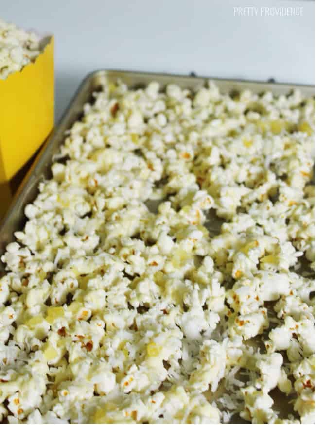 Piña Colada Popcorn - Melty white chocolate drizzled popcorn with coconut flakes and dried pineapple! Pretty Providence for 30 Handmade Days