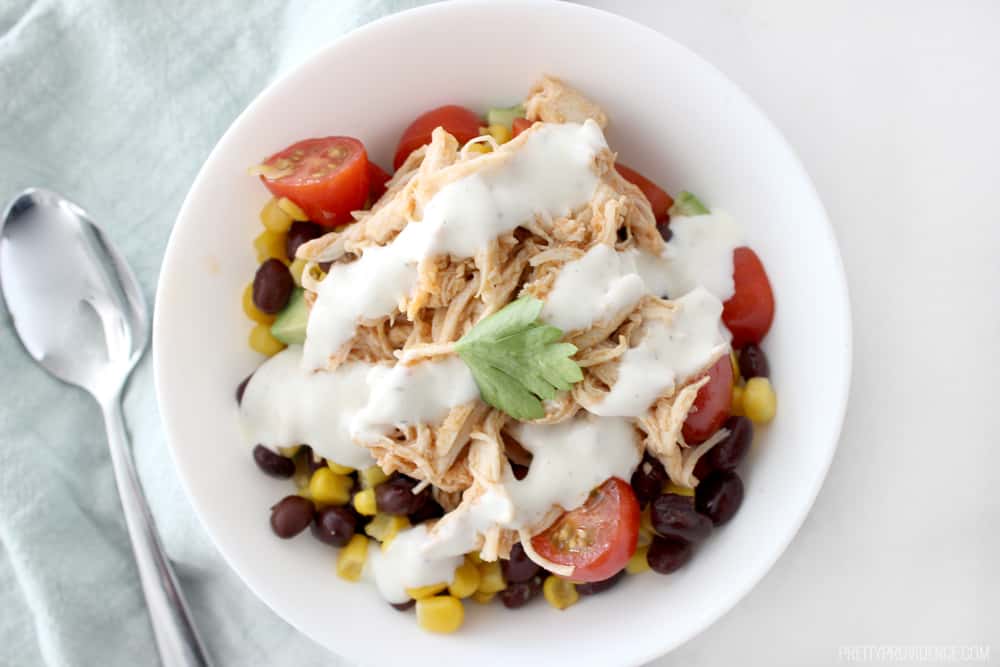 up close image of a healthy buffalo chicken bowl