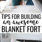 How to build a blanket fort collage - top photo is a teepee style blanket fort, a clothesline with sheets and clothes pins, clothes line tied to a door hinge, and sheets held up by clothesline.