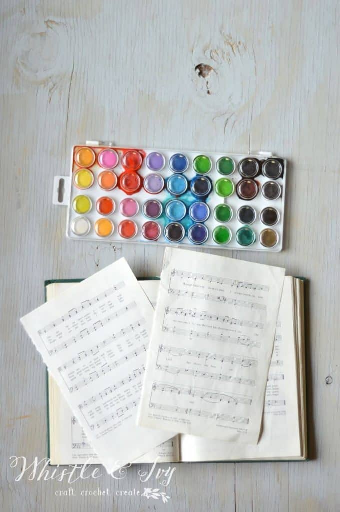 Watercolor Sheet Music Art - Recycle old sheet music into this beautiful art to display in your home. 