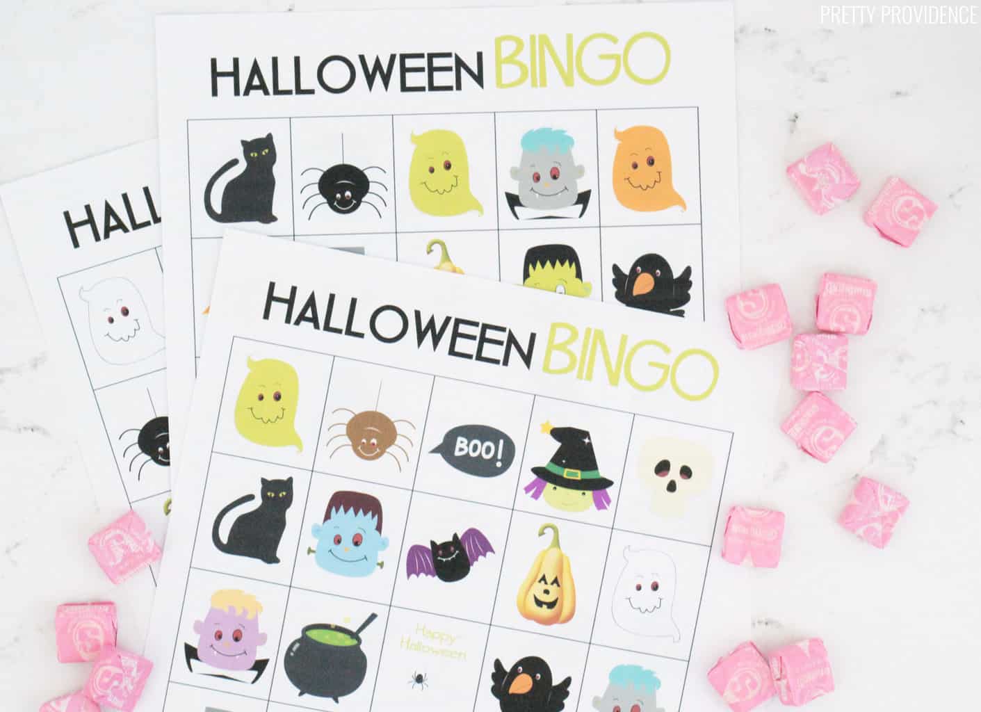 Halloween Bingo Free Printable Cards with pink starburts