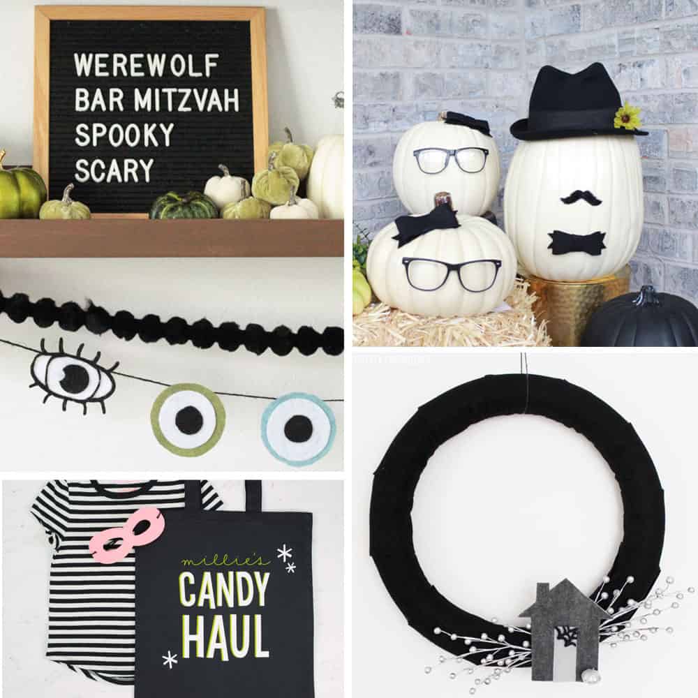 Halloween Crafts for Adults, garlands, wreaths, no-carve pumpkins, decorations and tote bags.