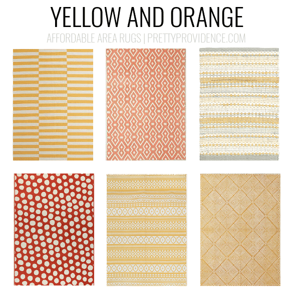 Yellow and orange rugs. Affordable area rugs - 5x7 less than $150 or 8x10 less than $200 - sorted by color! prettyprovidence.com