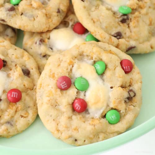 Christmas m&m Cookies with red and green mini m&m's, cornflakes and melted marshmallow.