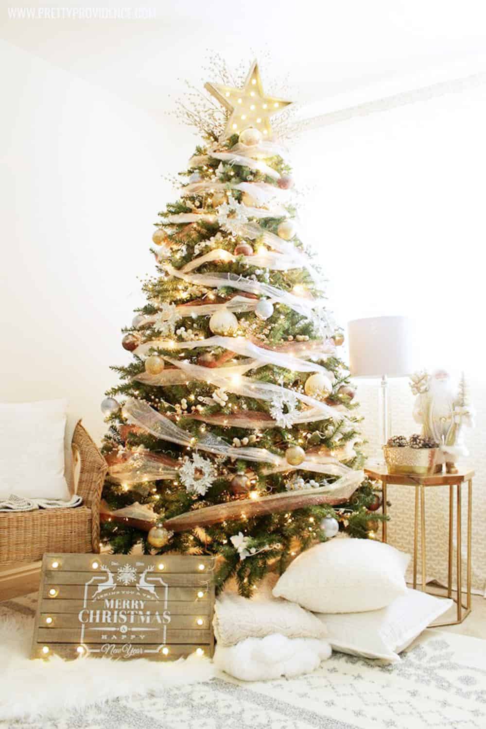 Closeup View Of Many Gold Silver Decorations On Christmas Tree