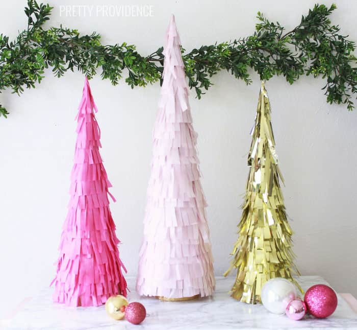 DIY Fringe Christmas Tree Decorations with Tissue Paper