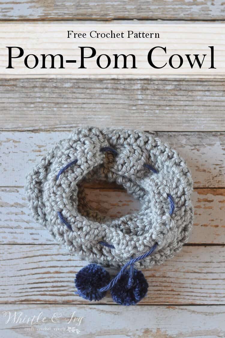 Quick and Easy Chunky Pom-Pom Cowl - Get the free and easy crochet pattern for this fab and cozy pom-pom cowl. 