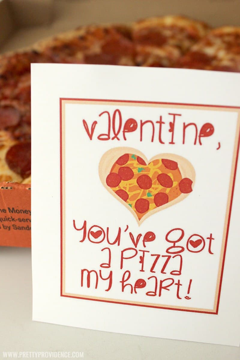 You've got a "Pizza my Heart" free printable Valentines with heart shaped pizza on them.