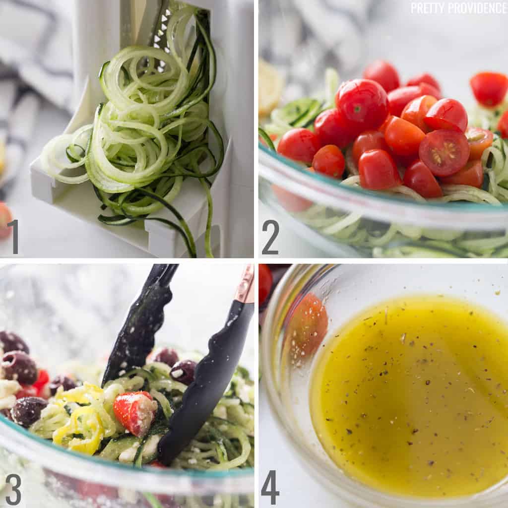 Spiralized greek salad collage - top left; spiralized cucumber, top right; cucumber and tomatoes in a bowl, bottom left; all salad ingredients in a bowl topped with feta cheese, bottom right; salad dressing