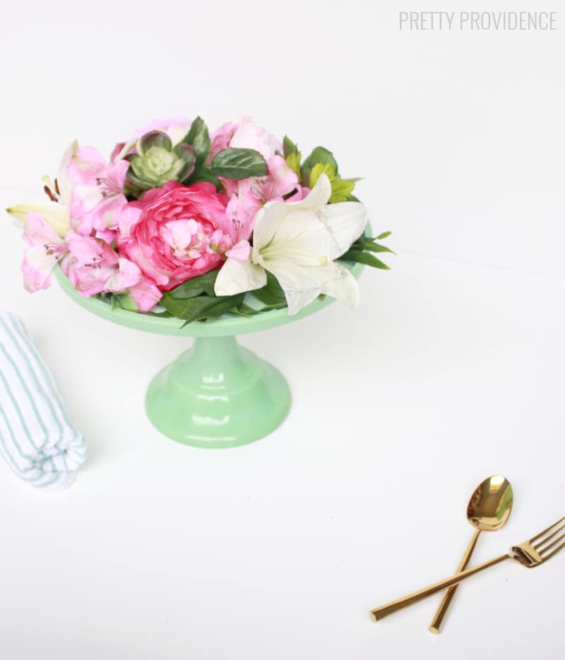 Easy DIY Floral Cake Stand Centerpiece! Quick and easy, perfect for an Easter centerpiece or affordable wedding! 