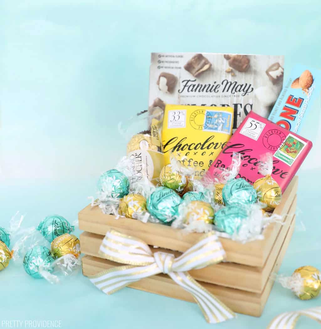 DIY Chocolate Gift Basket with LINDOR truffles, chocolate bars and snack mix for Mother's Day!