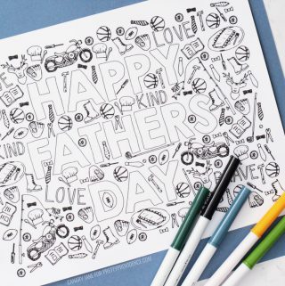 Father's day coloring page with hand-drawn details and markers below it.