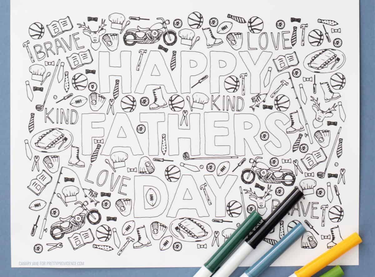 Father's Day coloring page with hand-drawn details and bubble letters 'Happy Father's Day'